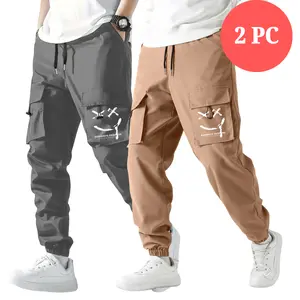 2 PC Men's Printed Work Pants, Multiple Large Pockets, Drawstring Waist, Easy on and Off, Fitted Style, Casual Daily Wear Trouser Menswear