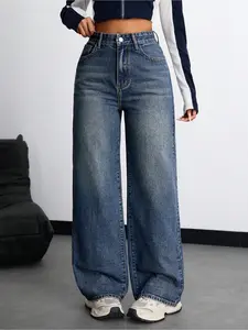 New Trendy Fashion Women's Straight Leg Wide-Leg Classic Versatile Elastic Comfortable Washed Denim Jeans, All Seasons Casual Wear, Bottoms