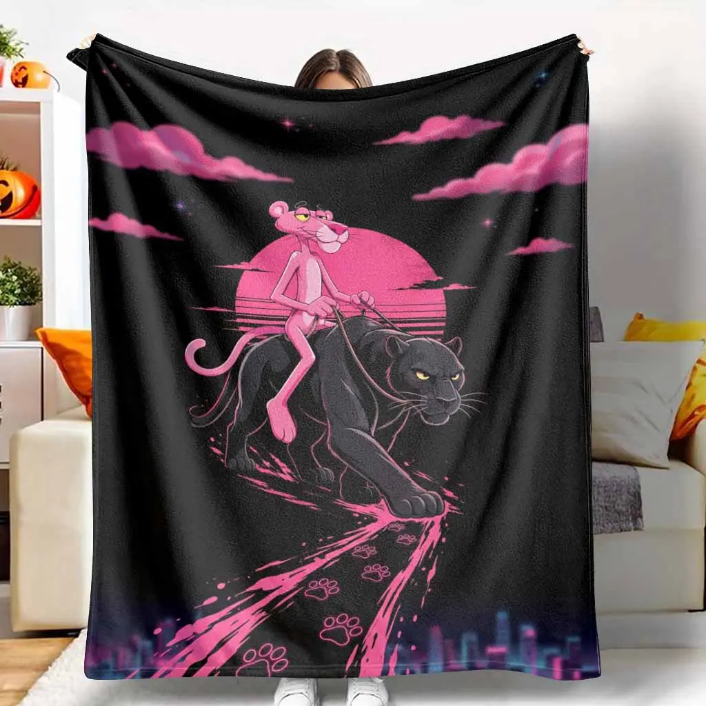 Retro Cartoon Printed Flannel Blanket - Vibrant Pink Panther Riding Black Panther Graphic, Breathable Soft, Cozy Chic, Wrinkle Resistant, Lightweight Warmth Fleece Throw for Bedroom, Living Room Decor Gift, Breathable Soft Blanket, Cartoon Printed Blanket