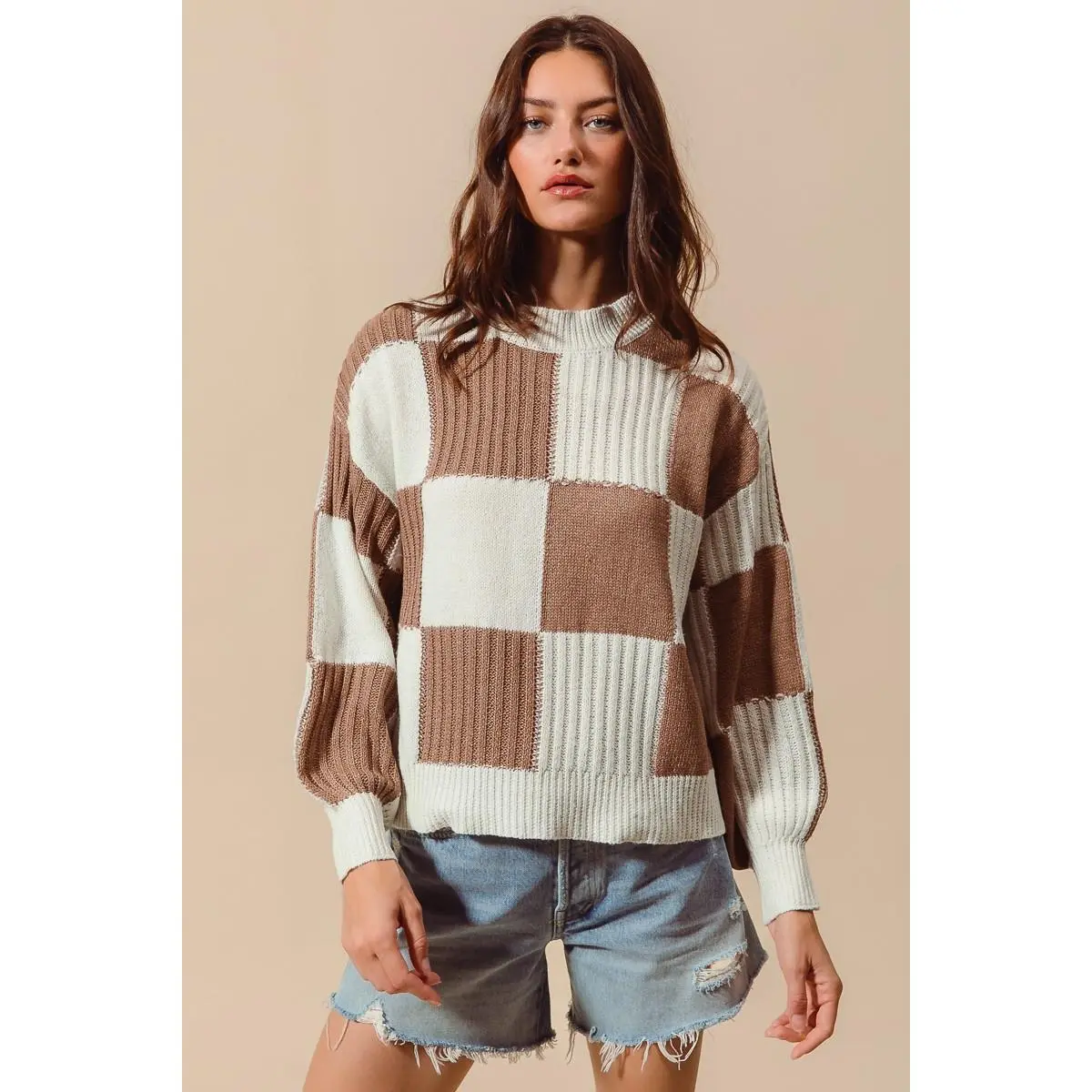 SO ME Ribbed Color Block Checkered Plaid Sweater
