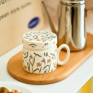 12oz Spring Flower Ceramic Mug with Lid, Breakfast Cup, Milk Cup, Coffee Cup, Hand-Painted Floral Ceramic Cup  - Microwave Safe, Insulated for Hot & Cold Drinks, Reusable Round Flower Pattern , Ideal for Christmas, Weddings, Birthdays, Valentine's Day
