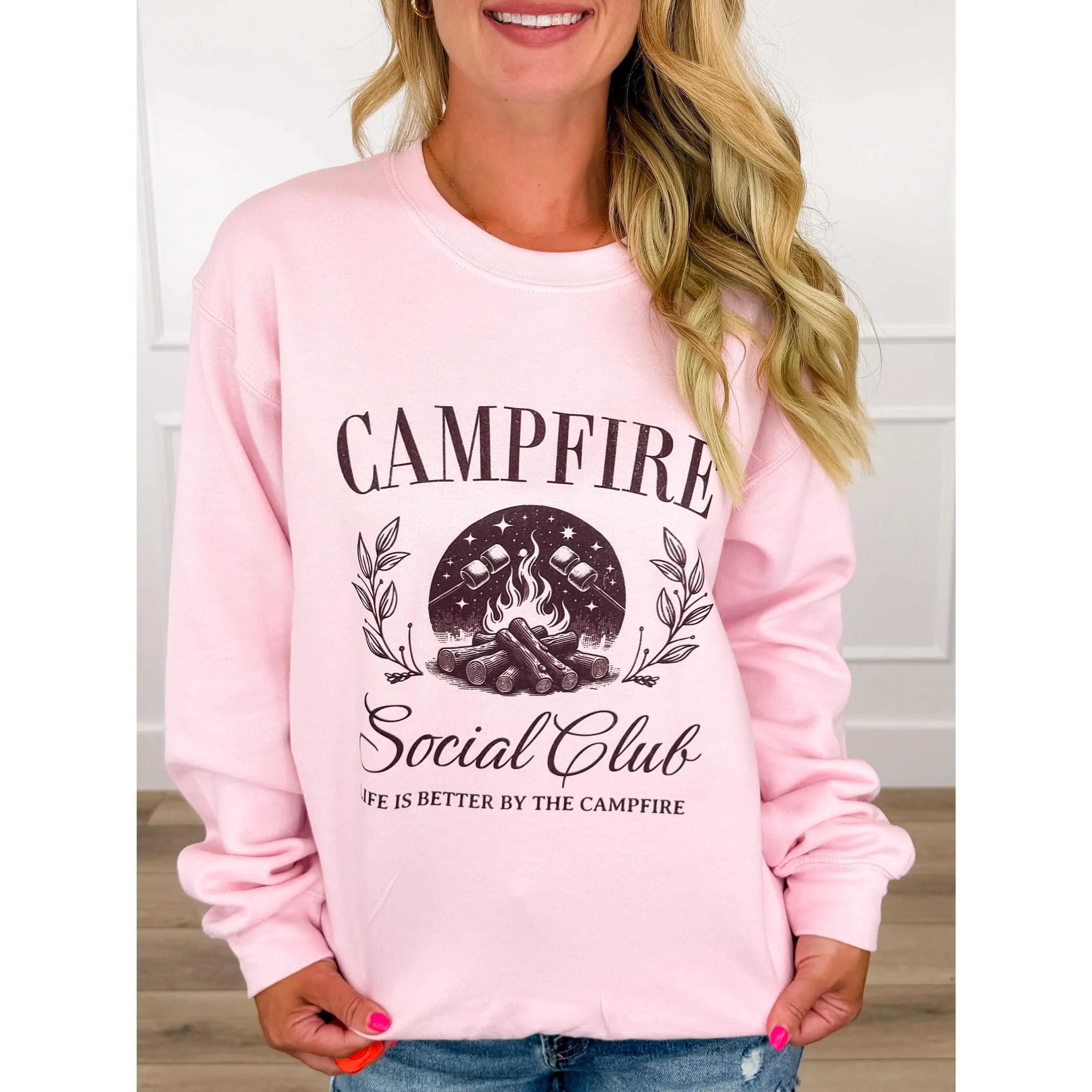 Campfire Social Club Cotton Blend Long Sleeve Pink Avery Mae Graphic Crewneck Sweatshirt (Gildan)