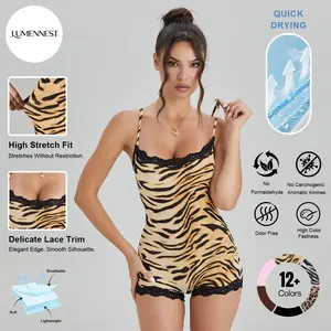 LUMENNEST Women's Abstract Tiger Print Thin Strap Lace Trim Soft Playsuit, Minimalist Stretch Sleeveless Shapewear, Sport & Outdoor Clothing
