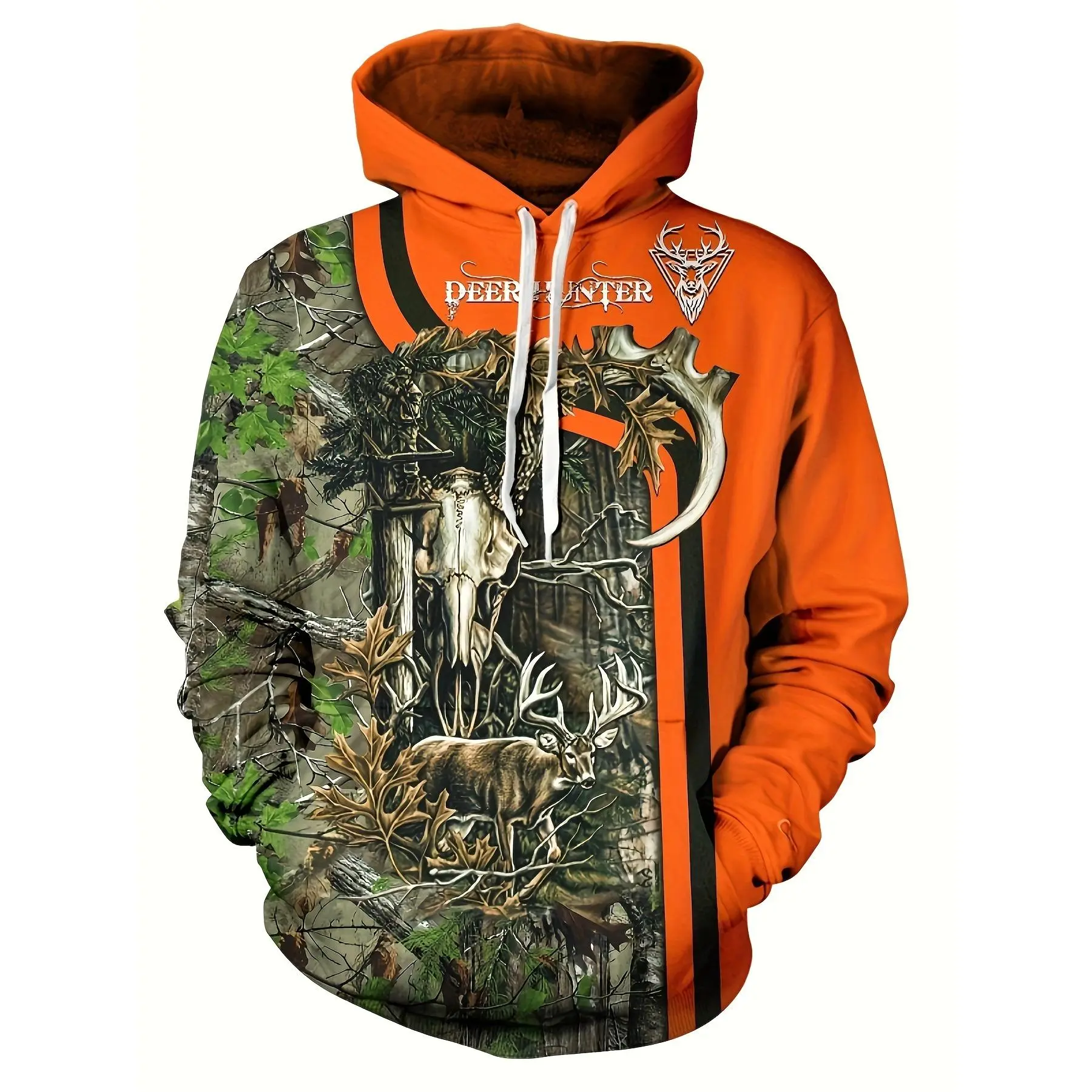 [3D Camo Hoodie] Polyester 100% Men's 3D Camo Hoodie Sweatshirt - Casual Animal Print Pullover with Slight Stretch, Regular Fit, Knit Fabric, 210g/m², Spring/Fall Streetwear