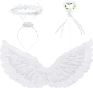 Angel Wings and Halo Set - Feathered Angel Halo Headband, Angel Wings and Wand - Halloween Costumes