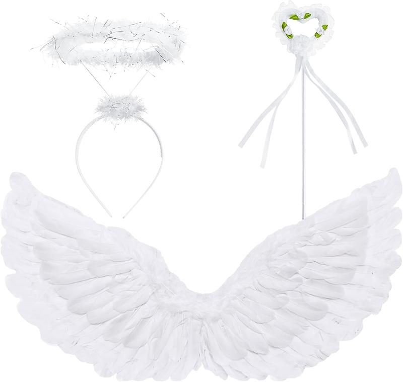 Angel Wings and Halo Set - Feathered Angel Halo Headband, Angel Wings and Wand - Halloween Costumes