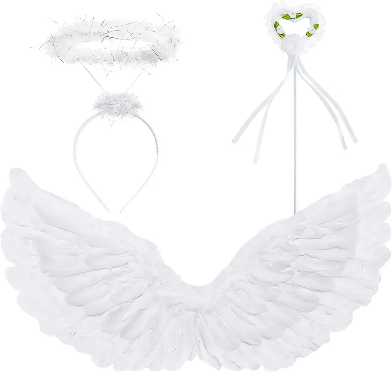 Angel Wings and Halo Set - Feathered Angel Halo Headband, Angel Wings and Wand - Halloween Costumes