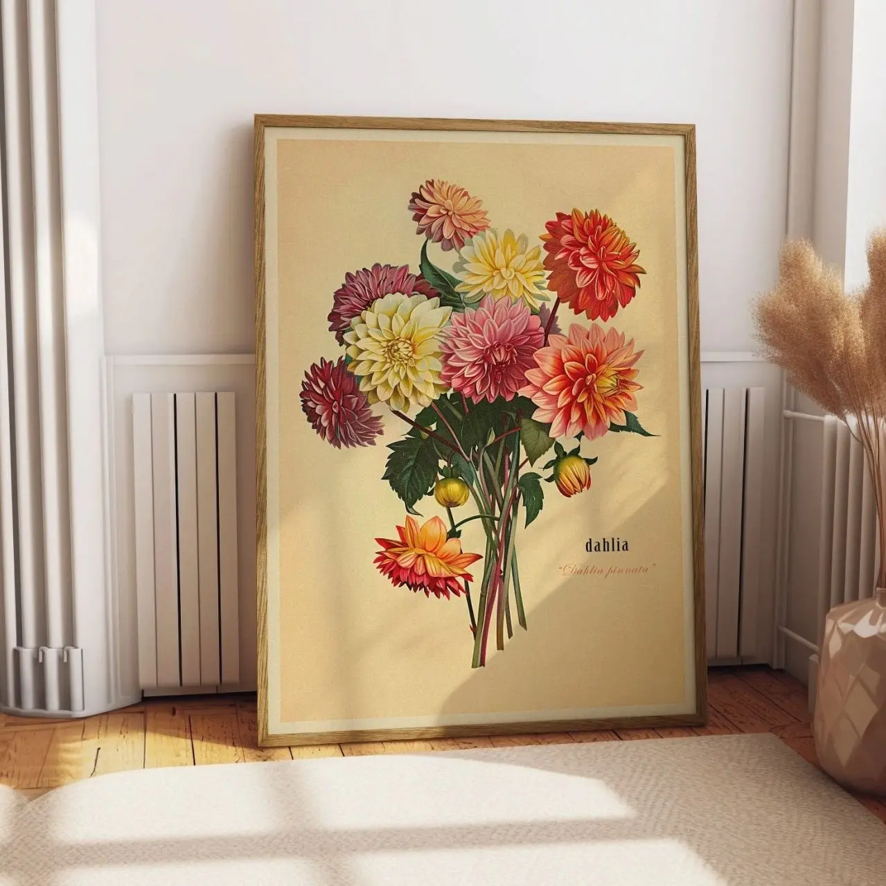 Vintage Dahlia Botanical Print Antique Flower Wall Art Earth Tone Poster Decor E