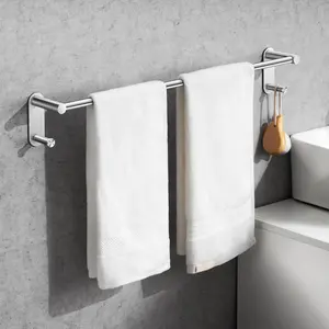 24 Inch Adhesive Towel Bar - Stainless Steel Stick on Towel Rack for Bathroom, No Drilling Towel Holder with 2 Hooks, Brushed Silver