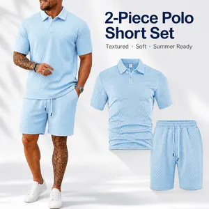 Men’s 2 Piece Polo Short Set Summer Textured Knit Shirt and Shorts Casual Outfit with Drawstring Waist for Vacation Daily Wear Menswear Tropical