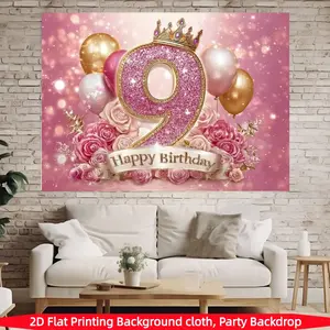 9th Birthday Party Backdrop Banner, Party Decorations Banners, Crown and Balloon Pattern, Polyester, Ideal for Birthdays, Weddings, Festive Events, Home Decor