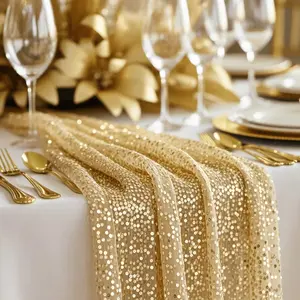 Sequin Table Runner Set, Shiny Gold Wedding Banquet Party Decoration, Square Tablecloth with Fringe Edges, Fabric Material
