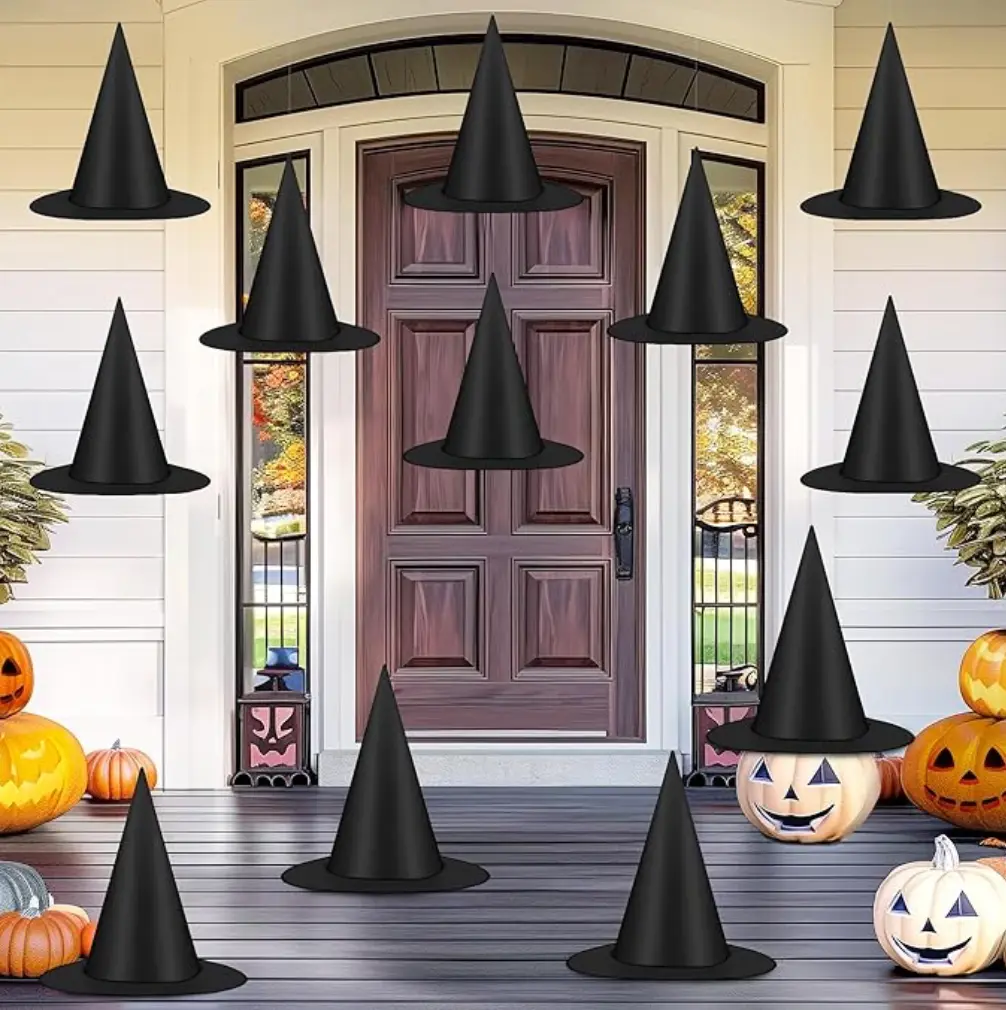 12 PCS Black Halloween Witch Hats, Hanging Porch Yd Decor with 328 FT Nylon Cord, Lightweight Indoor Outdoor Home Hanging Decor, Witch Costume Accessories, Spooky Tree Ornaments