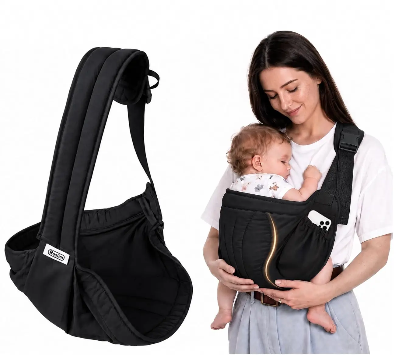 Roslim Baby Sling Carrier, One-Shoulder Side Sling with Ergonomic Curved Design, Padded Contoured Hip Area, Adjustable Lightweight Baby Carrier with Storage Pocket, Breathable & Travel-Friendly, Black