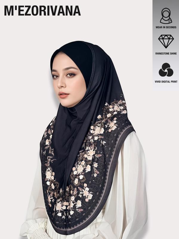 Muslim Headscarf Hijab with Bouquet Print and Gem Embellishments, Multiple Colors Available, Chiffon Fabric, Comfortable Hat Brim, Ideal for Ramadan, Modest Hijab