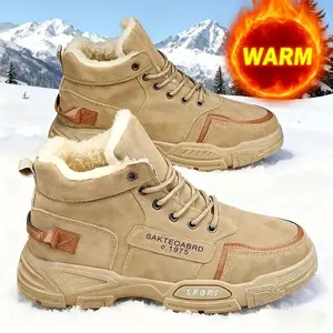 Men's winter snow boots with a sporty and casual high top lace up design, round toe design, PU upper, thick plush lining - non slip, durable, comfortable and fashionable for casual street sports, suitable for hiking and outdoor activities