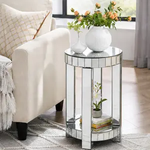 ARCH Modern Round Mirror Console Table with Crystal Inlay, 2-Tier Small Sofa Table with Open Storage, Silver Glossy Pedestal End Table for Living Room, Bedroom, Coffee Table Alternative, Freestanding, Silver Color Options, MDF+glass Material