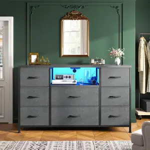 8-Drawer LED Media Dresser With Power Outlets & Adjustable Feet - Holds 55" TV Fit Bedroom And Living Room, Black