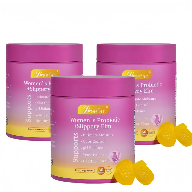 LEEFAR Her Juicy  Feminine  - All in One Solution with Slippery Elm and Prebiotics&  Blend for Women’s pH Balance and Dryness - Hawaiian Pineapple 60 Count-Women vitamins-feminine balance gummies Edible- gut health supplement- women's probiotics