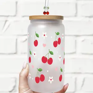 Red Cherries Pink Hearts & Daisies 16oz Glass Tumbler with Lid & Plastic and Glass Straws