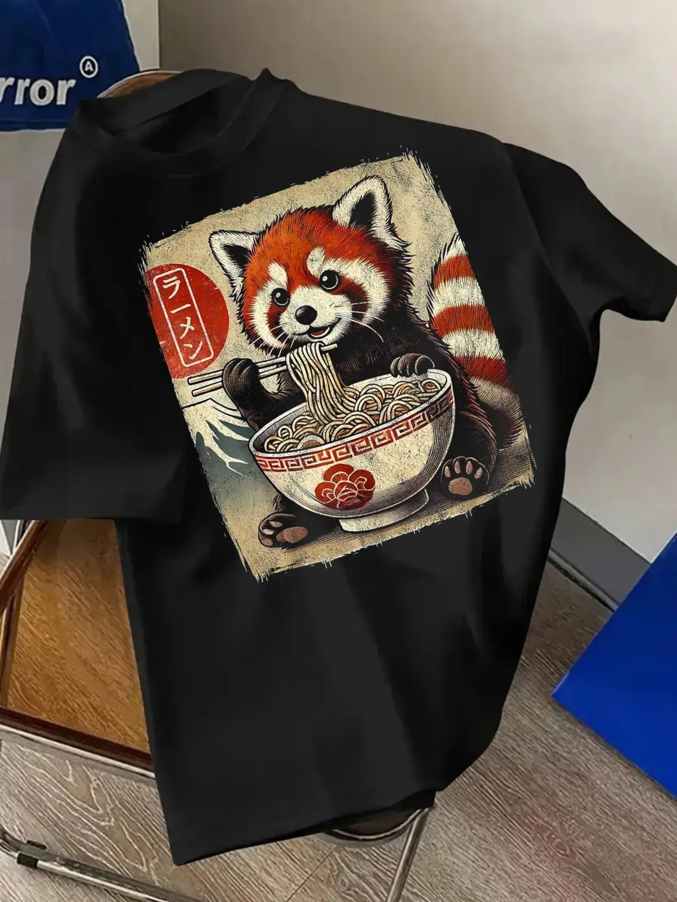 This unisex black panda ramen print Fitted T-shirt features a vintage retro Japanese aesthetic, is made of soft cotton, and is suitable for teenagers and young adults for everyday wear, casual parties, and more.