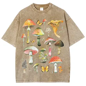 valentine shirts Retro Washed Shoulder T-Shirt Round Neck High Quality Pure Cotton Delicious Mushroom Print Fashion Summer New Short Sleeves