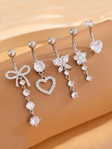 5pcs Dangle Belly Button Rings Set, 14G Surgical Stainless Steel Navel Piercing Jewelry, Cute Heart Butterfly Flower Bow Design, Hypoallergenic Dangling Belly Rings for Women