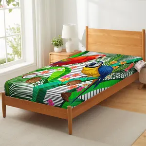 Palm Leaf Bedding Set, Parrot Bird Bed Sheet  for Kids Boys Girls Children Black White Stripe Fitted Sheet, Exotic Flower Coconut Bed Cover Lightweight for Bedroom(No Flat Sheet)