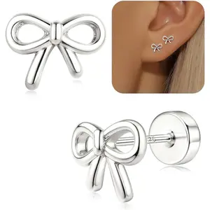 CASSIECA Tiny Bow Ties Stud Earrings for Women Tiny Flat Back Earring Studs Hypoallergenic Helix Cartilage Piercing Daint Stud Earrings for Gift Silver/Gold