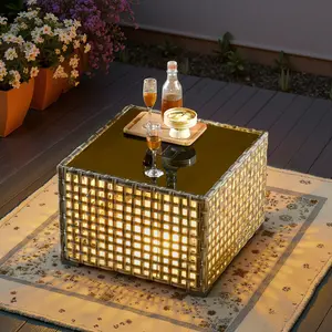 ALTRIGUS Outdoor Patio Table with Umbrella Holder & Solar Light, Wicker Rattan Bistro Dining Side Table with Metal Frame, Square Umbrella Stand Holder for Poolside Backyard Garden Deck, Outdoor Side Table