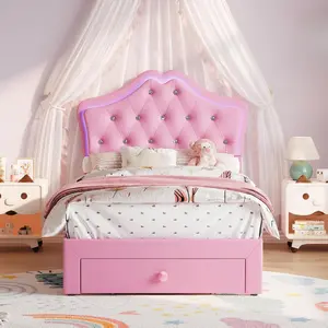 Twin Size Princess Bed Frame with Storage Drawers & LED Lights, Upholstered Platform Beds with Velvet Crystal Button for Kid, No Box Spring Needed, Noise-Free