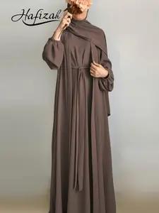 Hafizah Simple Tie-Waist Two-Piece Set Belted Abaya, Lantern Sleeve Loose Long Outer Robe, Muslim Commuter Women's Clothing