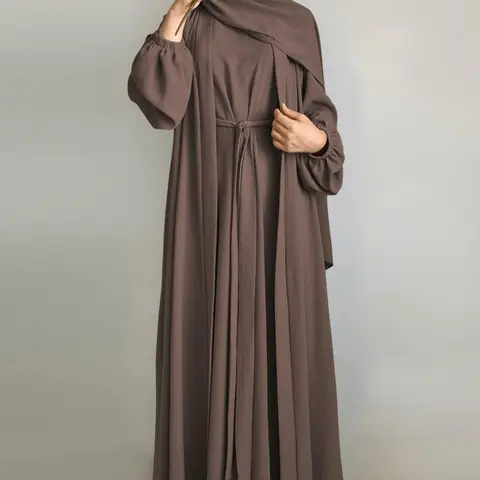 Hafizah Simple Tie-Waist Two-Piece Set Belted Loose Fit Abaya For Muslim, Lantern Sleeve Loose Long Outer Robe, Muslim Commuter Women's Clothing, Islamic Modesty Clothes, Modest Muslim Outfits