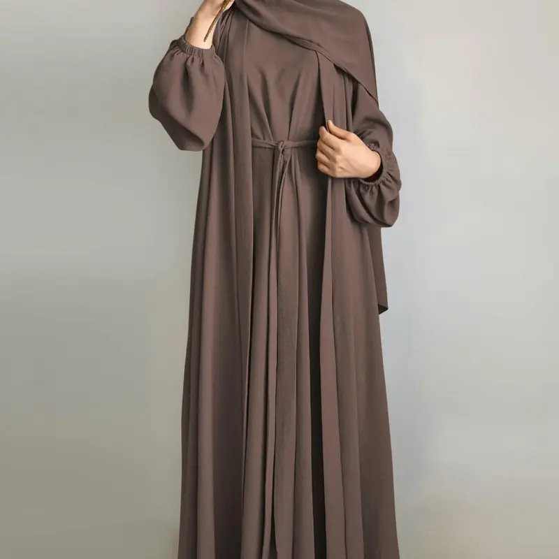 Hafizah Simple Tie-Waist Two-Piece Set Belted Loose Fit Abaya For Muslim, Lantern Sleeve Loose Long Outer Robe, Muslim Commuter Women's Clothing, Islamic Modesty Clothes, Modest Muslim Outfits
