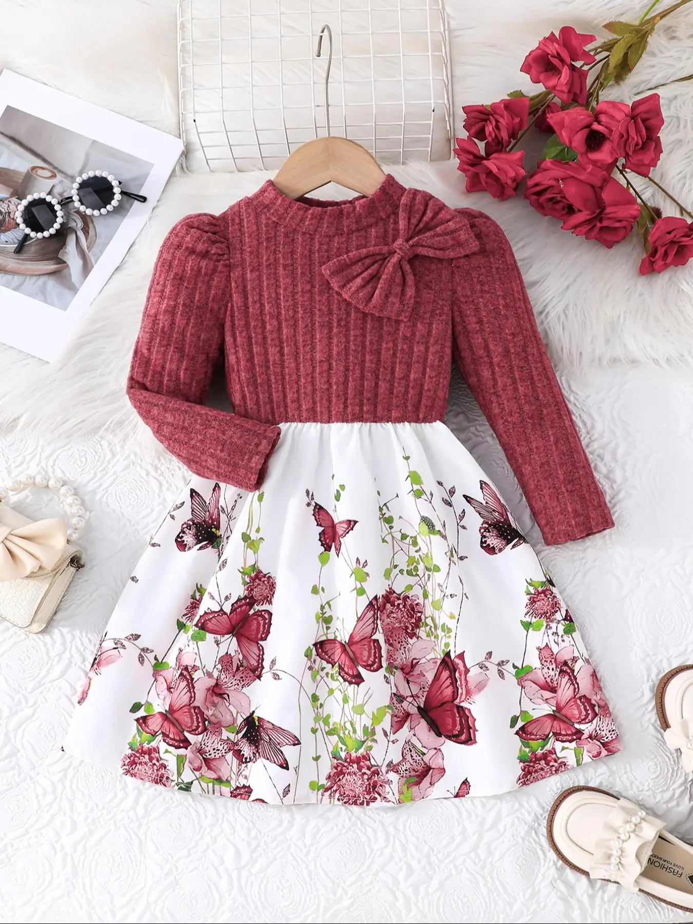 Toddler Girl's Floral Print Bow Decor Dress, Elegant Long Sleeve Dress for Party Holiday Wedding Guest, Kids Clothes for Summer
