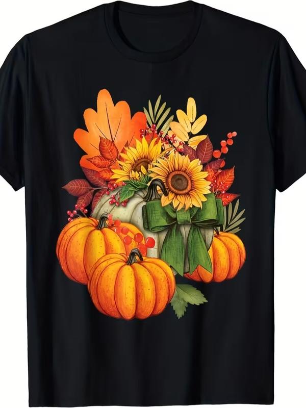 Women's Plus Size Comfortable Relaxed Fit Short Sleeve T-Shirt - Thanksgiving Pumpkin, Sunflower Themed Tops for Matching Leggings, Jeans, Stylish Autumn Wear