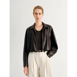 Cropped Leather Jacket with Stand Collar