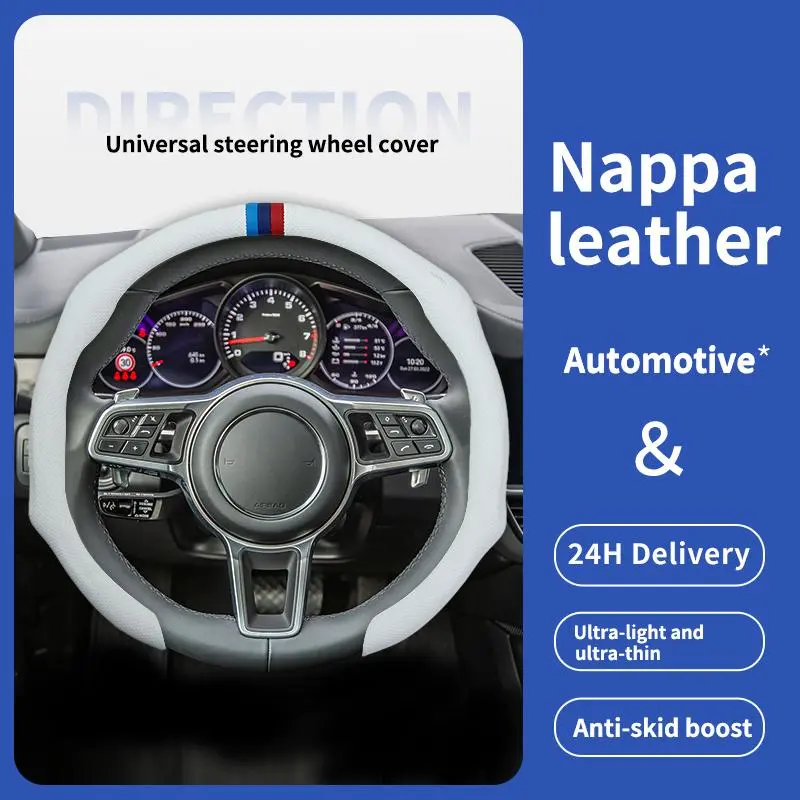 Nappa Leather Steering Wheel Cover - Ultra-Thin, Breathable, Anti-Slip, Stylish, Cooling Refined Touch, Easy-Install Universal-Fit Summer Car Accessory for Less Sweaty Hands, Dry-Hand Grip Steering Wheel Accessories