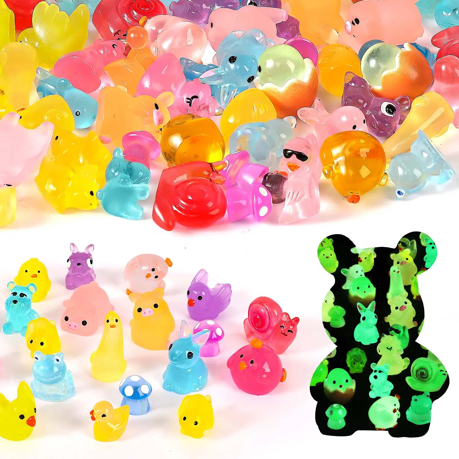 Luminous Mini Resin Animals 100 Pcs Tiny Animals Mini Ducks Tiny Frogs Dinosaurs Small Birds Little Rabbits Glow in The Dark Miniatures Fairy Accessor