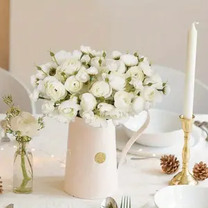 Artificial Ranunculus Flowers - White Mini Bouquet with Green Leaves, Perfect for DIY Wedding Decor, Bridal Shower Centerpieces & Home Decoration, Wedding Decorations | Contemporary Style | Floral Arrangement, Wedding Gifts Decorative