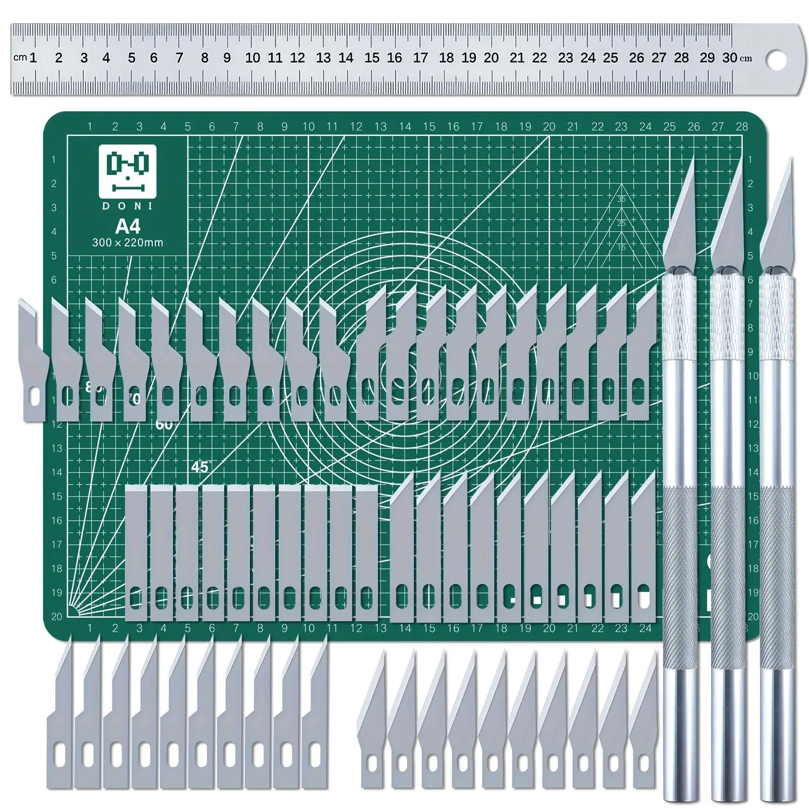 65pcs High Precision Craft Stencil Knife Set with A4 Mat, Metal Blades, Ruler, Grid Pattern – Office Cutting Supplies for Paper Modelling
