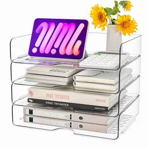 Paper Organizer Letter Tray, 4 Pack Acrylic Stackable Desk File Organizer,Clear File Organizer for Desk, Office Organizer for File Paper, Ipad, Letter, A4 Office File, Books, Notes, Paper Folder