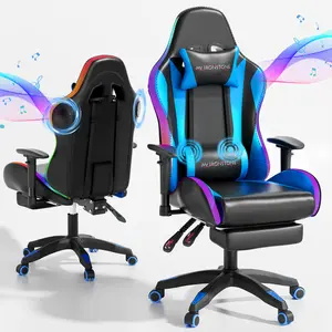 【Deals For You Days】Mr IRONSTONE Gaming Chair with Speakers and Led Lights Ergonomic Massage Computer Gaming Chair with Broaden Cusion and Footrest High Back Video Game Chair for Adults Kids Boyfriend Father's Gift, Blue Black and Pink