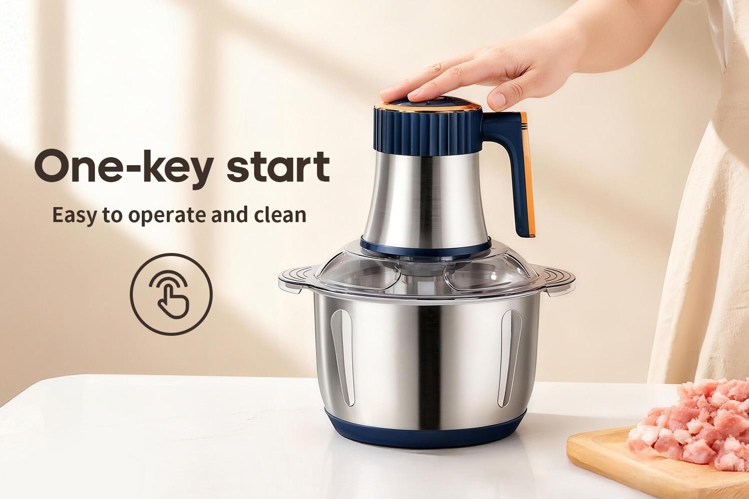 5-liter electric food processor features a stainless steel mixing bowl, is multi-functional, and can be used to process meats, vegetables, fruits, and nuts. It includes a plastic scraper, has a compact design, and is easy to use.