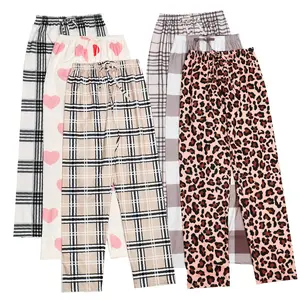 Spring Summer 3 PCS Set Per Pack Cute Girl Women's Soft Drawstring Elastic Waist Loose Cute Leopard Plaid Knit Causal Long Sleeping Pajamas Trousers PJ Pants Bottom Comfort Loungewear Fabric Casual Pajama Set pantalón  pijama matching pants loungewear pjs