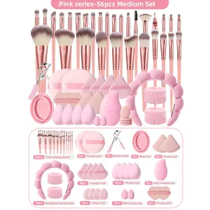 56Pcs All-In-1 Makeup Brush Set for Beginners - 30 Brushes, 10 Puffs, 4 Beauty Sponges, 2 Mini Blender Sponges, 4 Finger Puffs, 1 Eyelash Curler, Cleaner, Cold Compress Tool, Fleece Headband, 2 Wrist Bands - Daily Gift Cosmetic Kit
