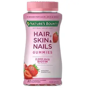 Nature's Bounty Optimal Solutions Hair, Skin & Nails Vitamin Gummies with Biotin, 2500 mcg, Strawberry, 80 Count, 40 Total Servings