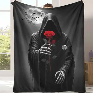 Gothic Grim Reaper Flannel Blanket with Moonlight and Red Rose Print Soft Warm Cozy Lightweight Perfect for Bedroom Decor Halloween Party Ambience Romantic Gift Reading Nook Relaxation