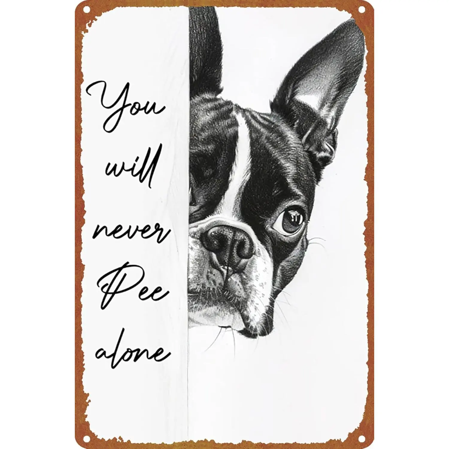 Funny Boston Terrier Cartoon Metal Aluminum Artwork - 8x12 in Sturdy Lightweight Hangable Wall Sign, Pre-Holed Decorative Animal Plaque for Dog Lovers' Home Bathroom Decor Supplies, Animals