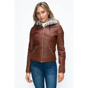 YMI Faux Layered Double-Zipper Jacket with Fuzzy Hood